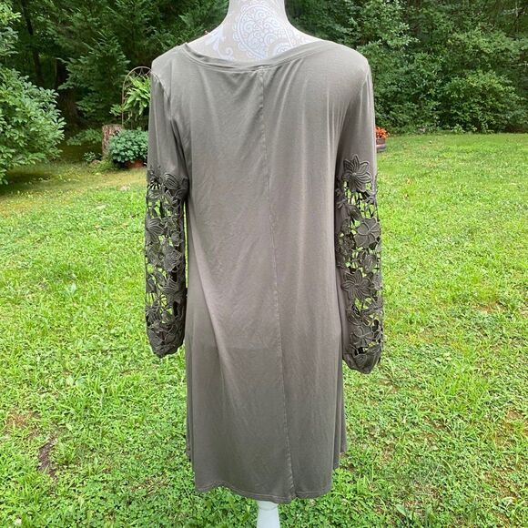 Spense Army Green Embroidered Cutwork Lace Sleeve Trapeze Dress Size L - Picture 3 of 9